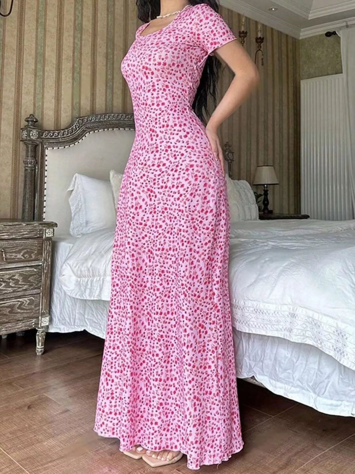 Short-Sleeve Tie-Back Maxi Dress in pink floral, front view