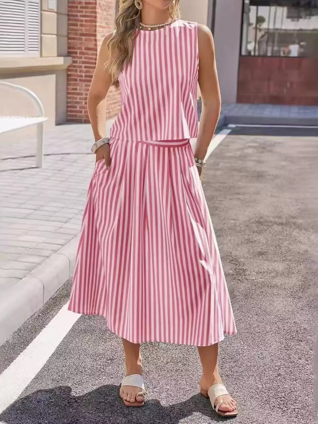 Trendsi Striped Sleeveless Top and Midi Skirt Two-Piece Set -