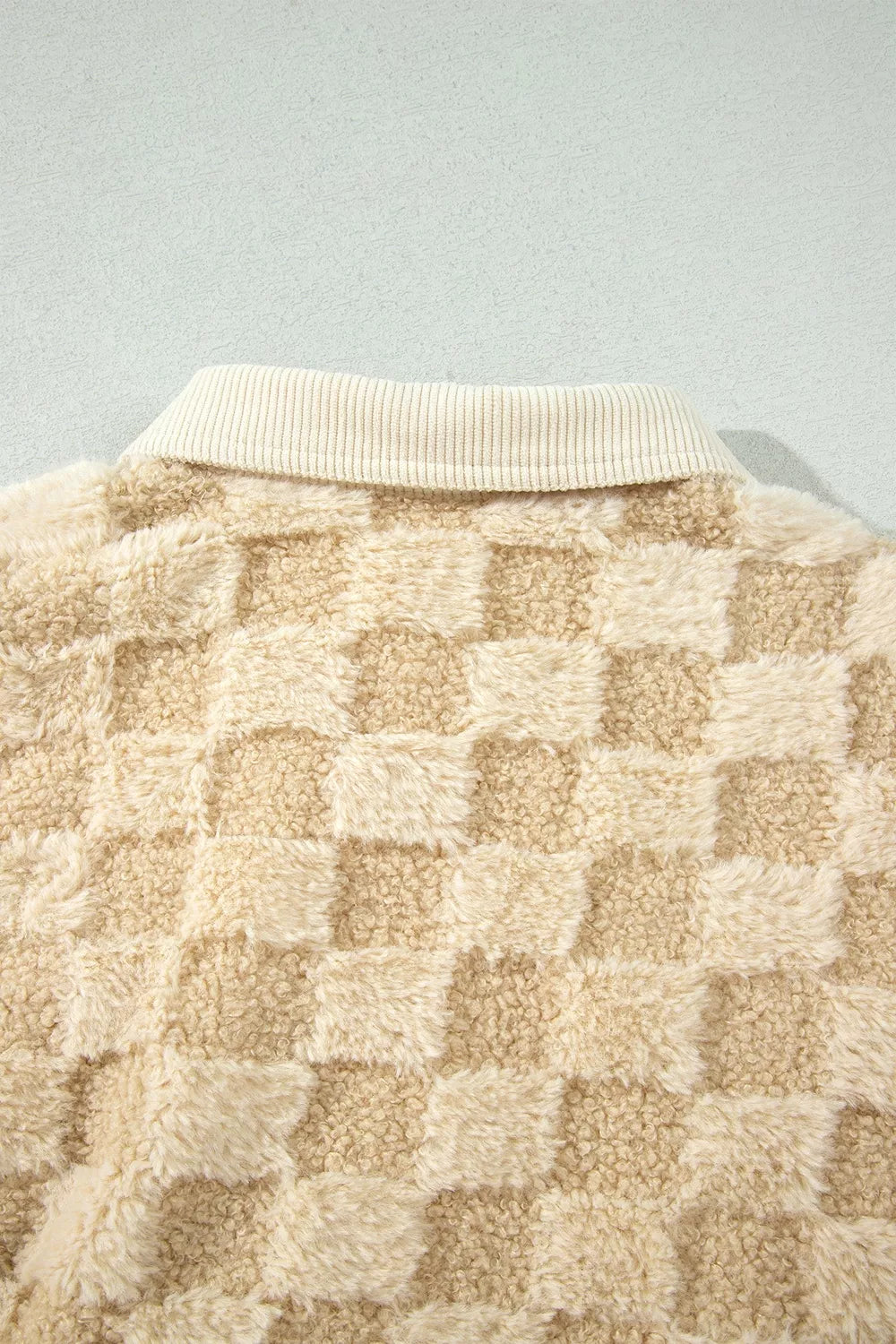 Trendsi Plush Checkered Corduroy Trim Metal Button Long Sleeve Shift Silhouette Shacket -