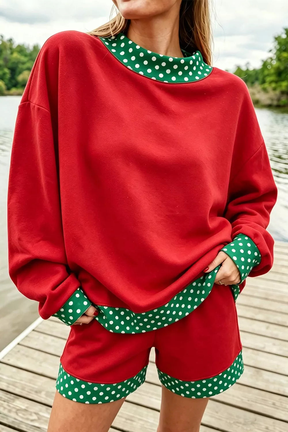 Trendsi Polka Dot Trim Sweatshirt and Shorts Set -