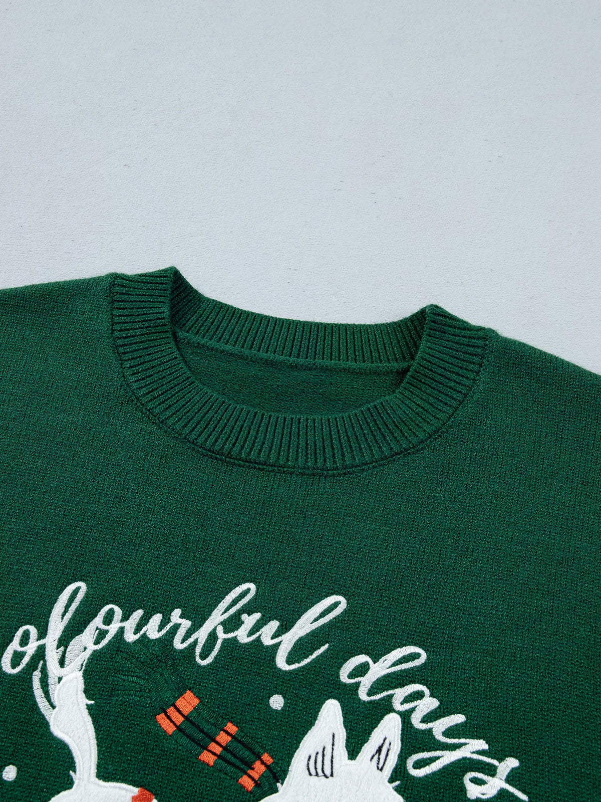 Dark Green abstract dog embroidery christmas round neck sweater, detail view