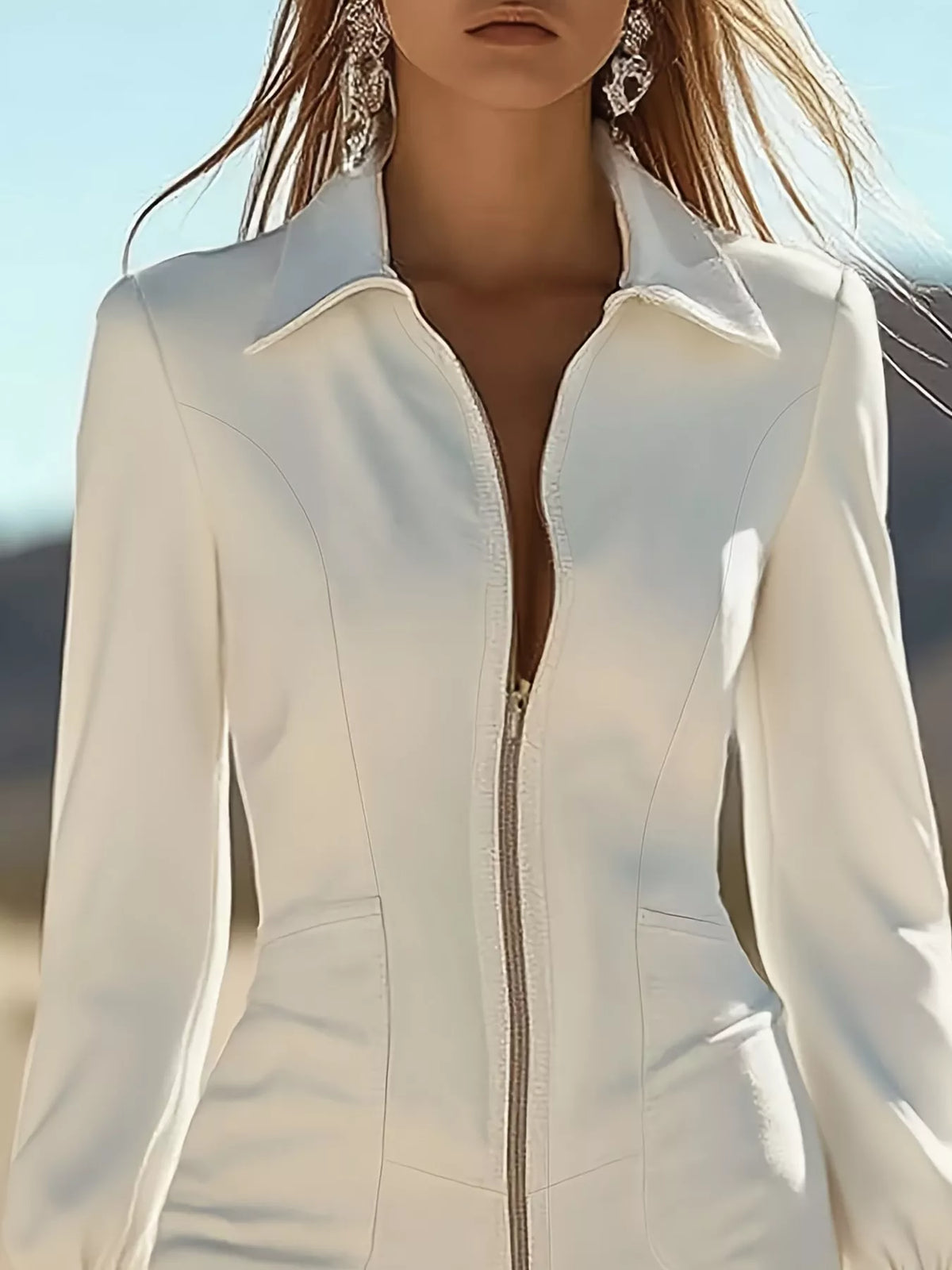 White zip front long sleeve fringe mini dress, detail view