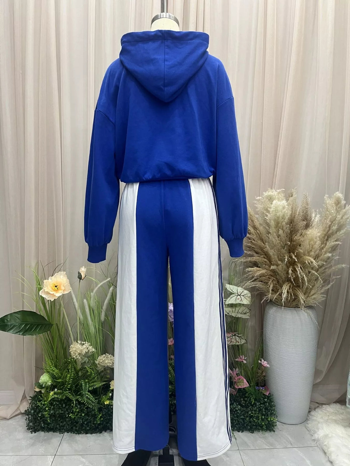 Blue And White Drawstring Hoodie and Color-Block Wide-Leg Pants Set two-piece set display
