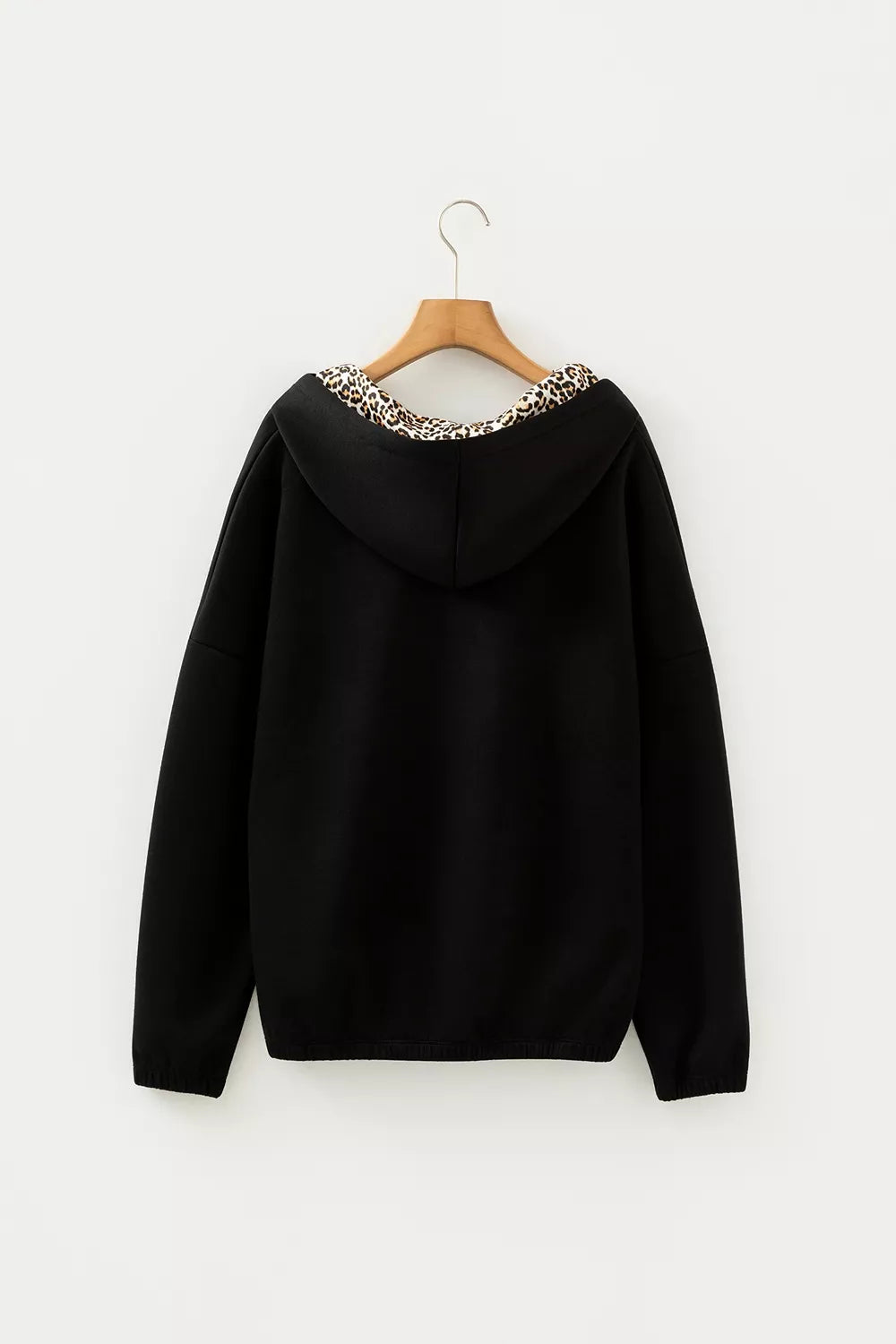 Trendsi Elastic Cuffs Leopard Contrast Drawstring Hoodie -