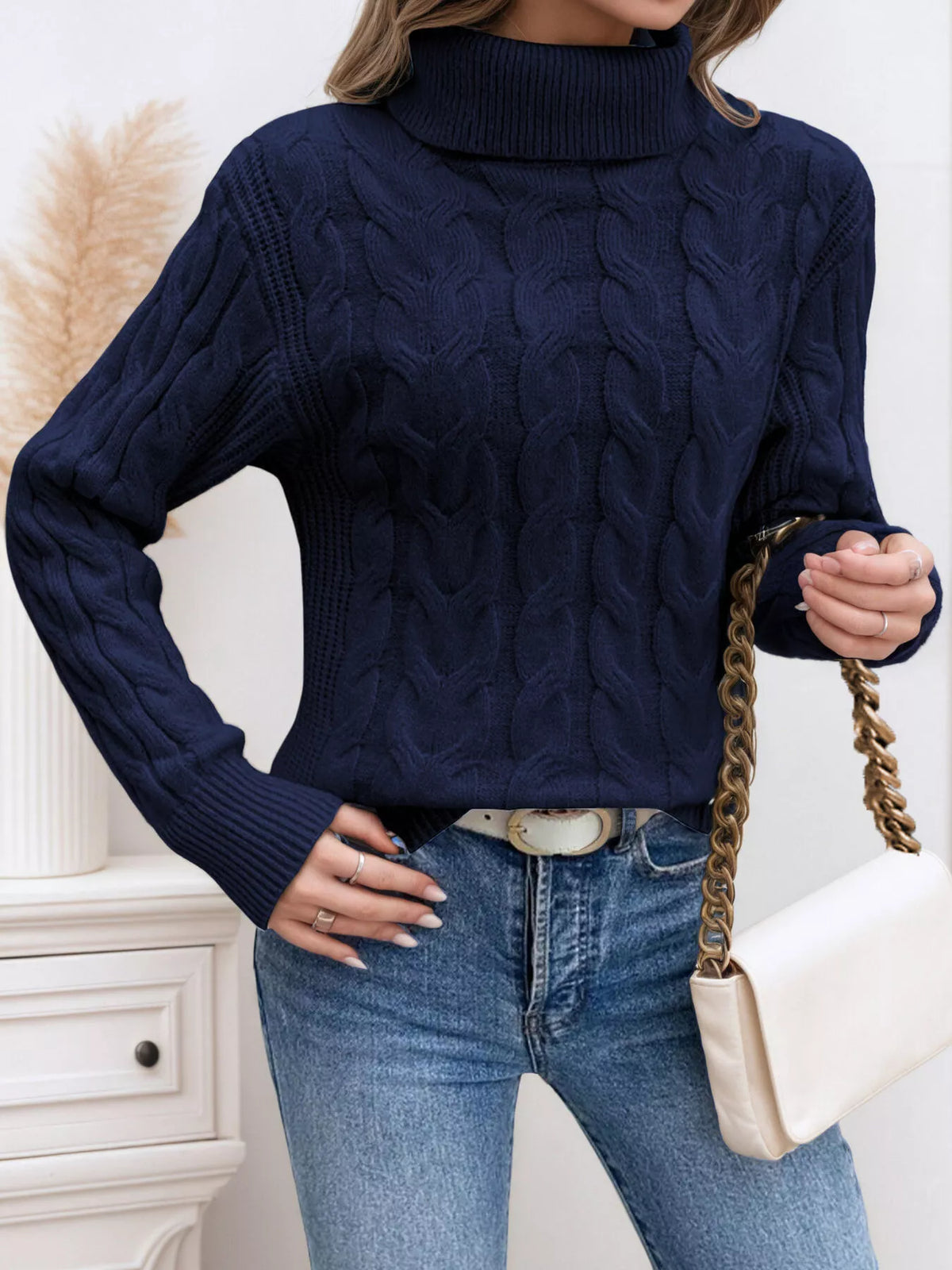 Women's Cable-Knit Turtleneck Sweater in Grey, front view