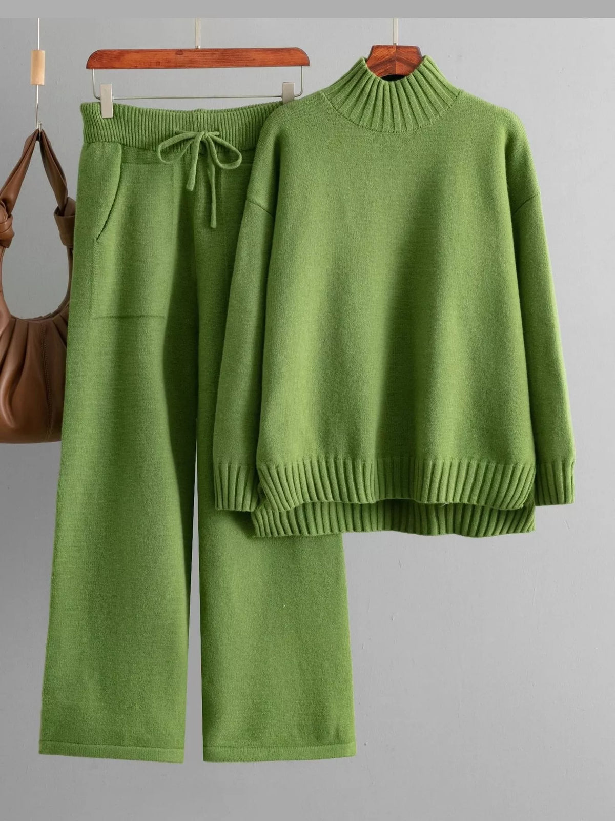 Mock Neck Sweater and Wide-Leg Pants Knit Set — garment front