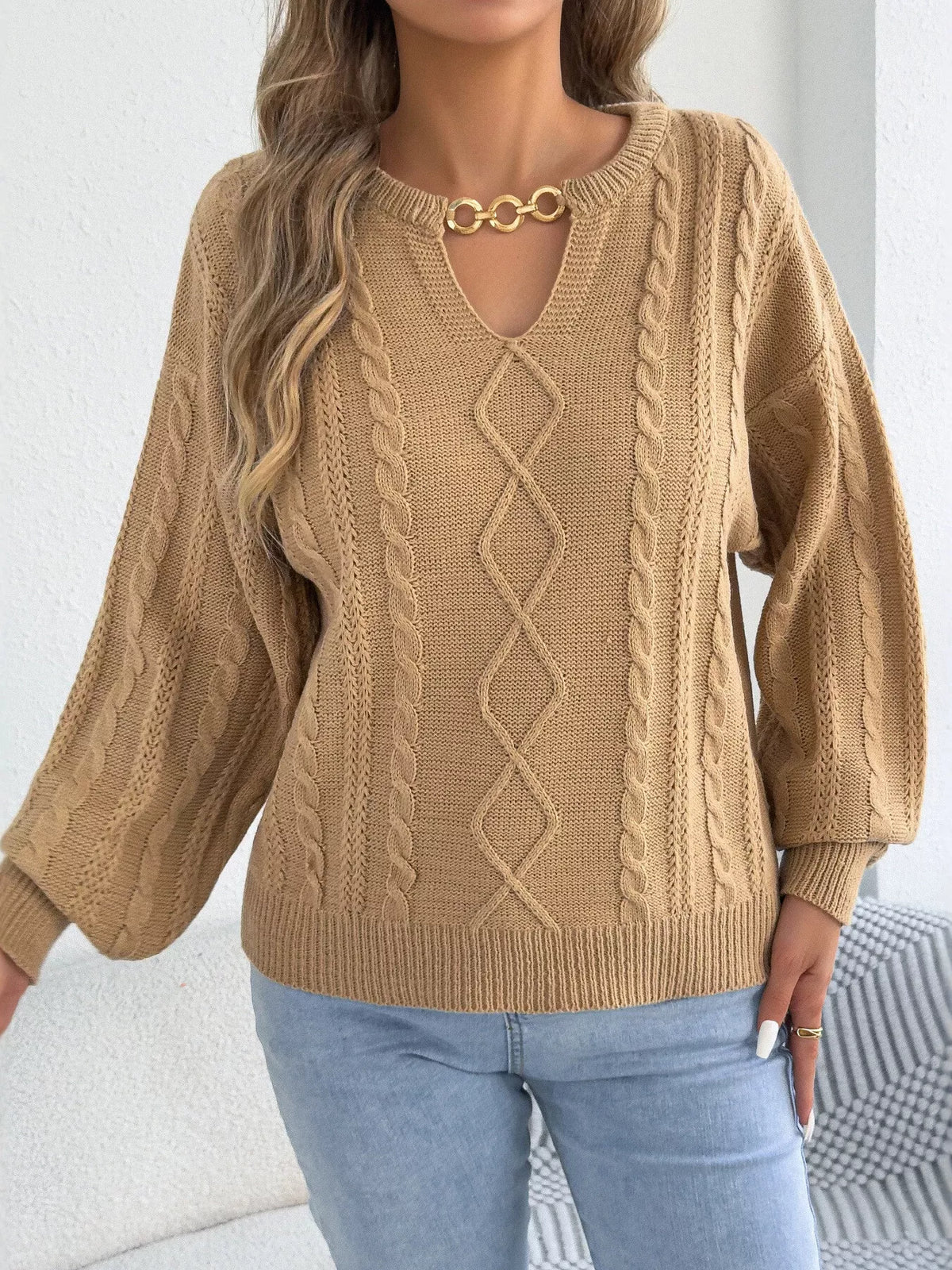 Tan cable knit notched sweater