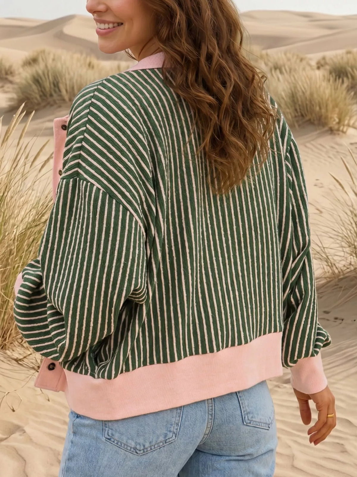 Green and pink striped striped round neck patchwork cardigan — back view