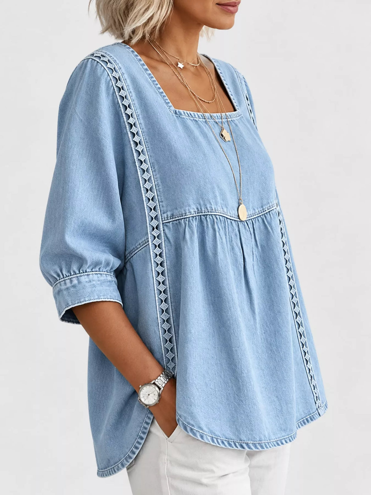 Azure Blue square neck embroidered denim blouse