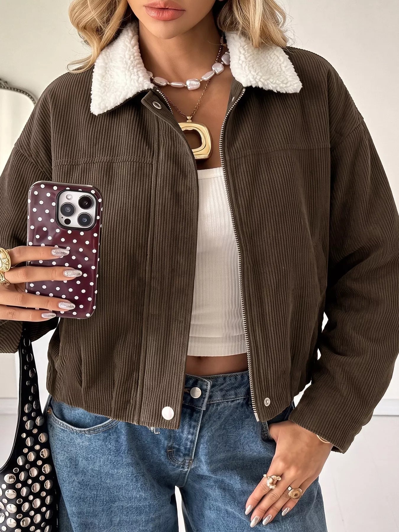 Trendsi Contrast Sherpa Collar Corduroy Zip Up Jacket -