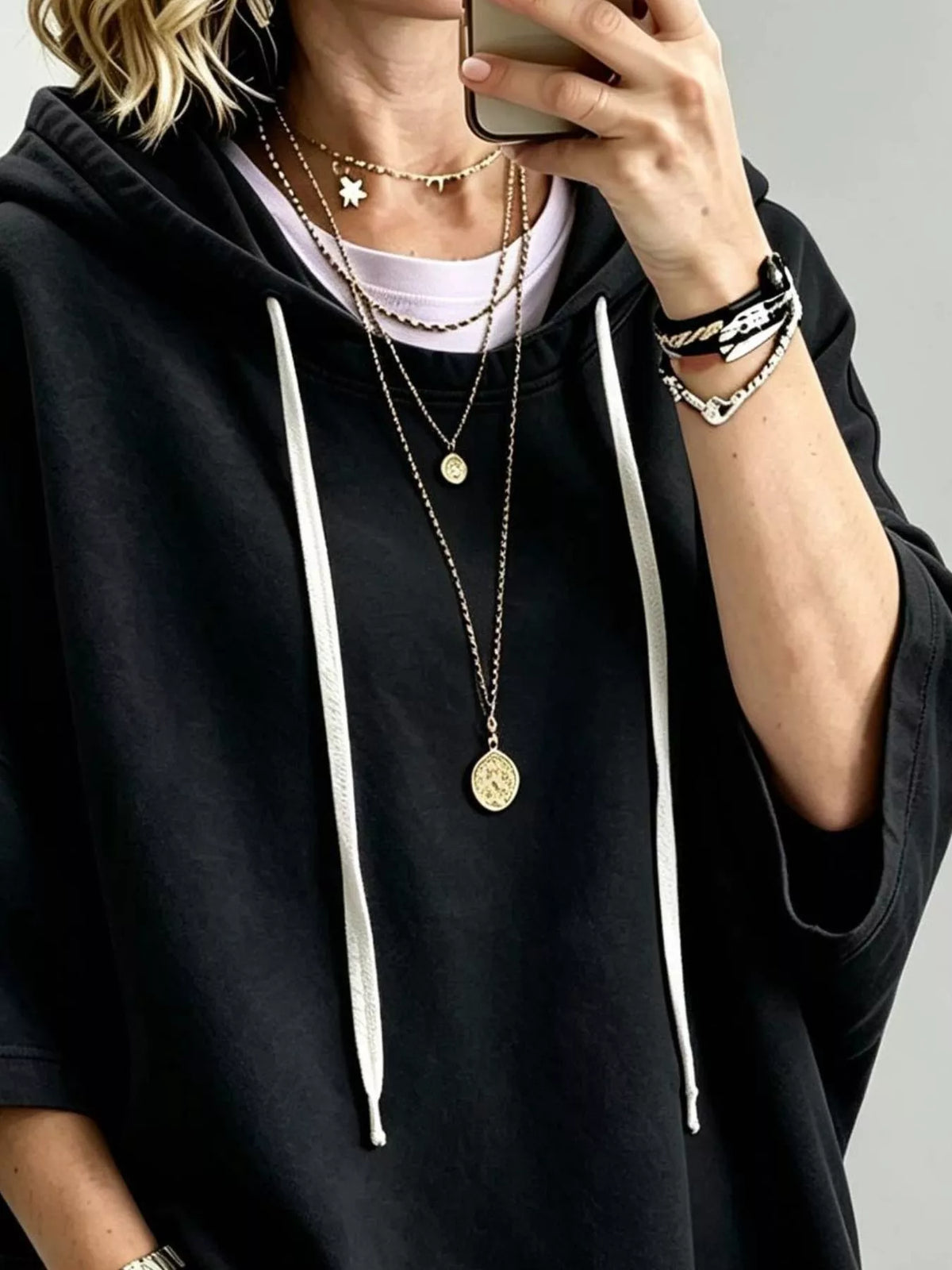 Trendsi Drawstring 3/4 Sleeve Hoodie -
