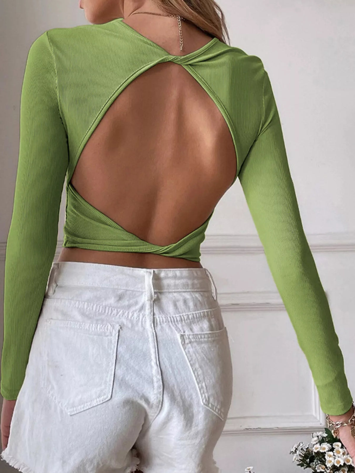 Green ribbed crop t-shirt, back view