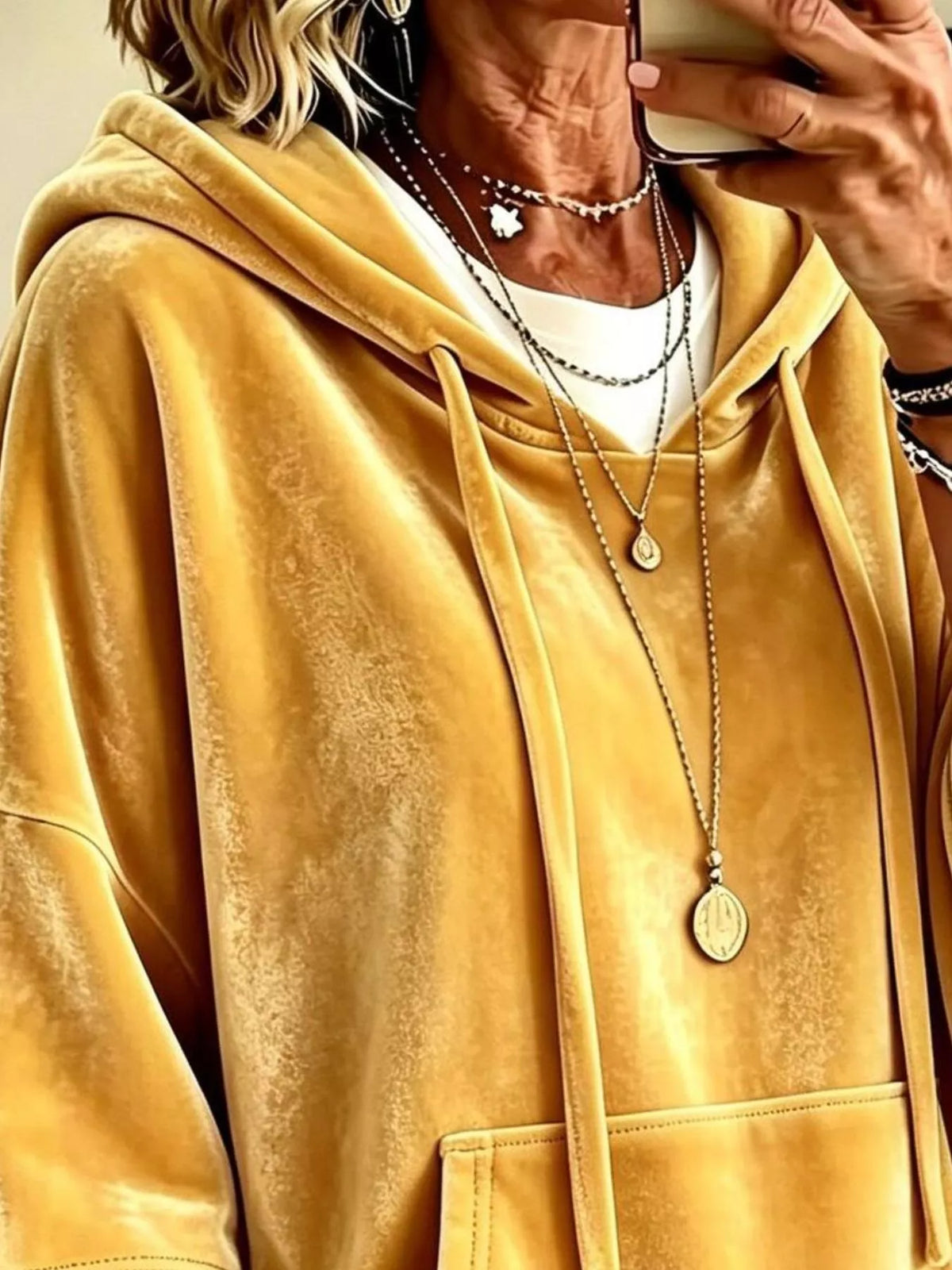 Yellow velvet kangaroo pocket drawstring hoodie