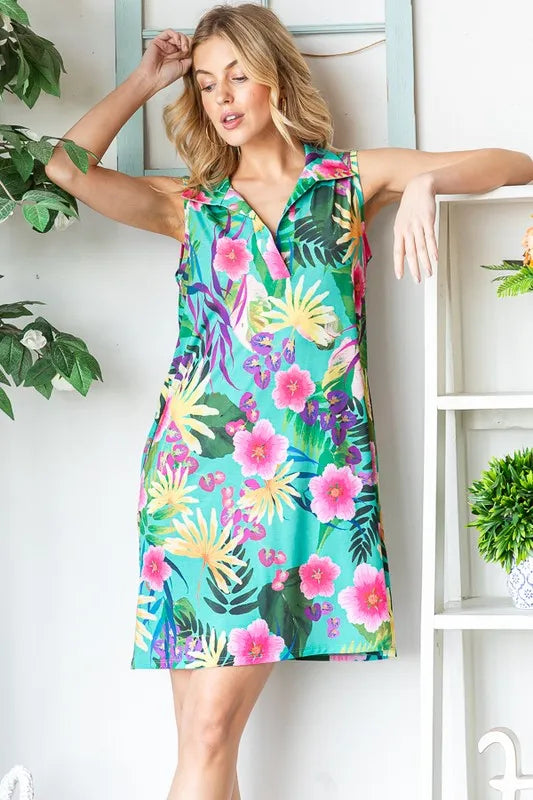 Trendsi Heimish Full Size Floral Johnny Collar Sleeveless Dress Plus Size - Dresses