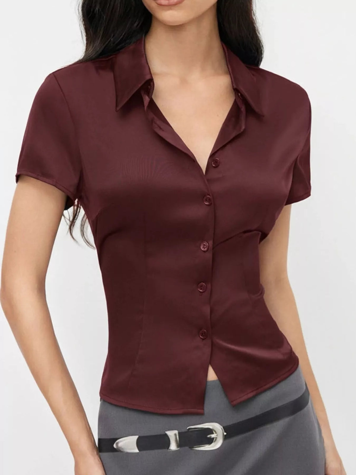 Satin Short Sleeve Button-Down Shirt in burgundy