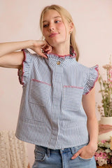 Trendsi SO ME Stripe Twill Stitch Ruffled Hidden Button Vest Top -