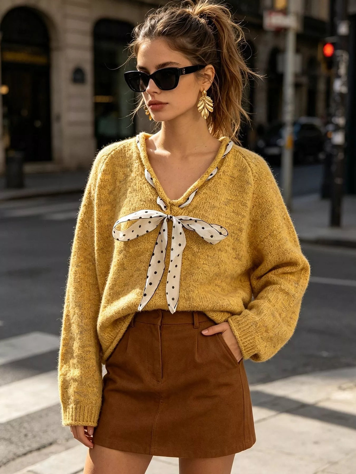 Yellow v-neck knit top with polka dot ribbon tie, front view.