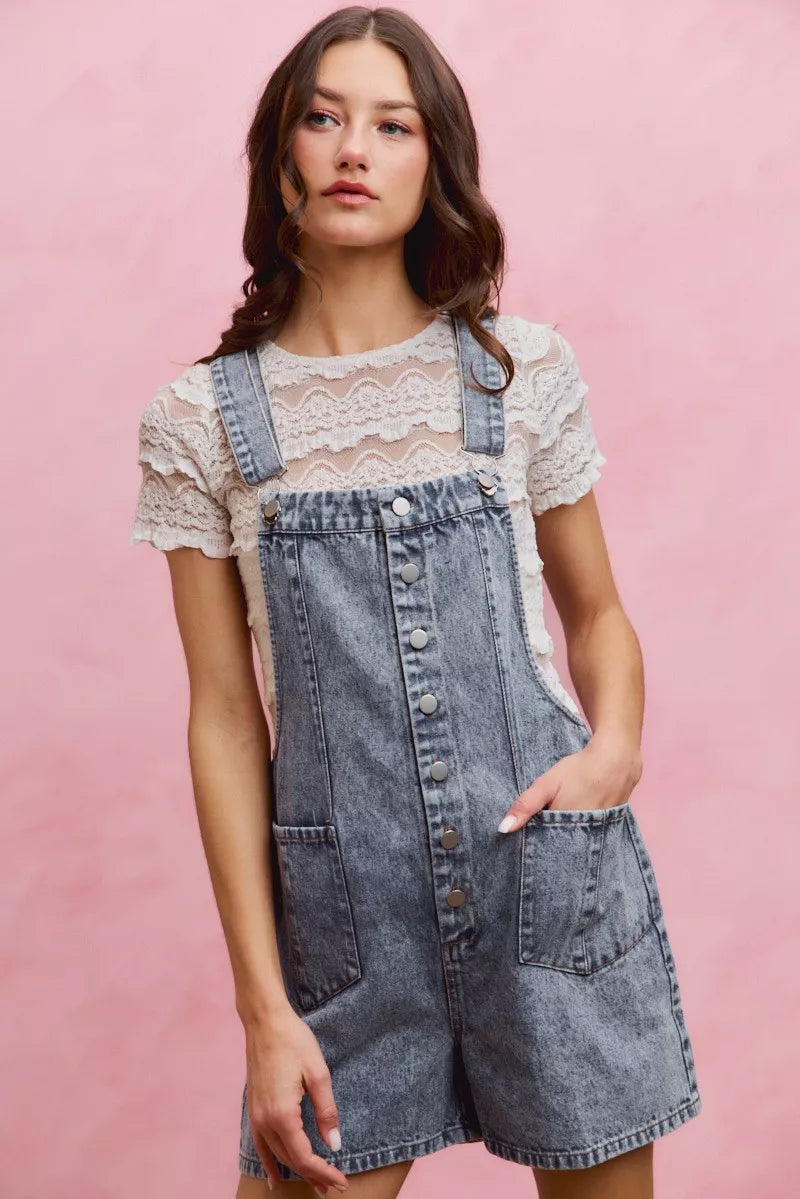 Women's Denim Romper With Adjustable Straps Button Front Acid Wash — product view 4