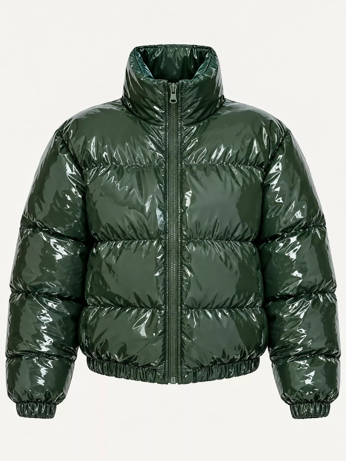 Glossy Stand-Collar Zip-Up Puffer Jacket — garment front
