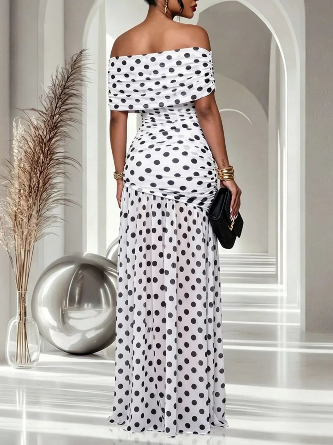 Trendsi Polka Dot Off Shoulder Slit Maxi Dress -
