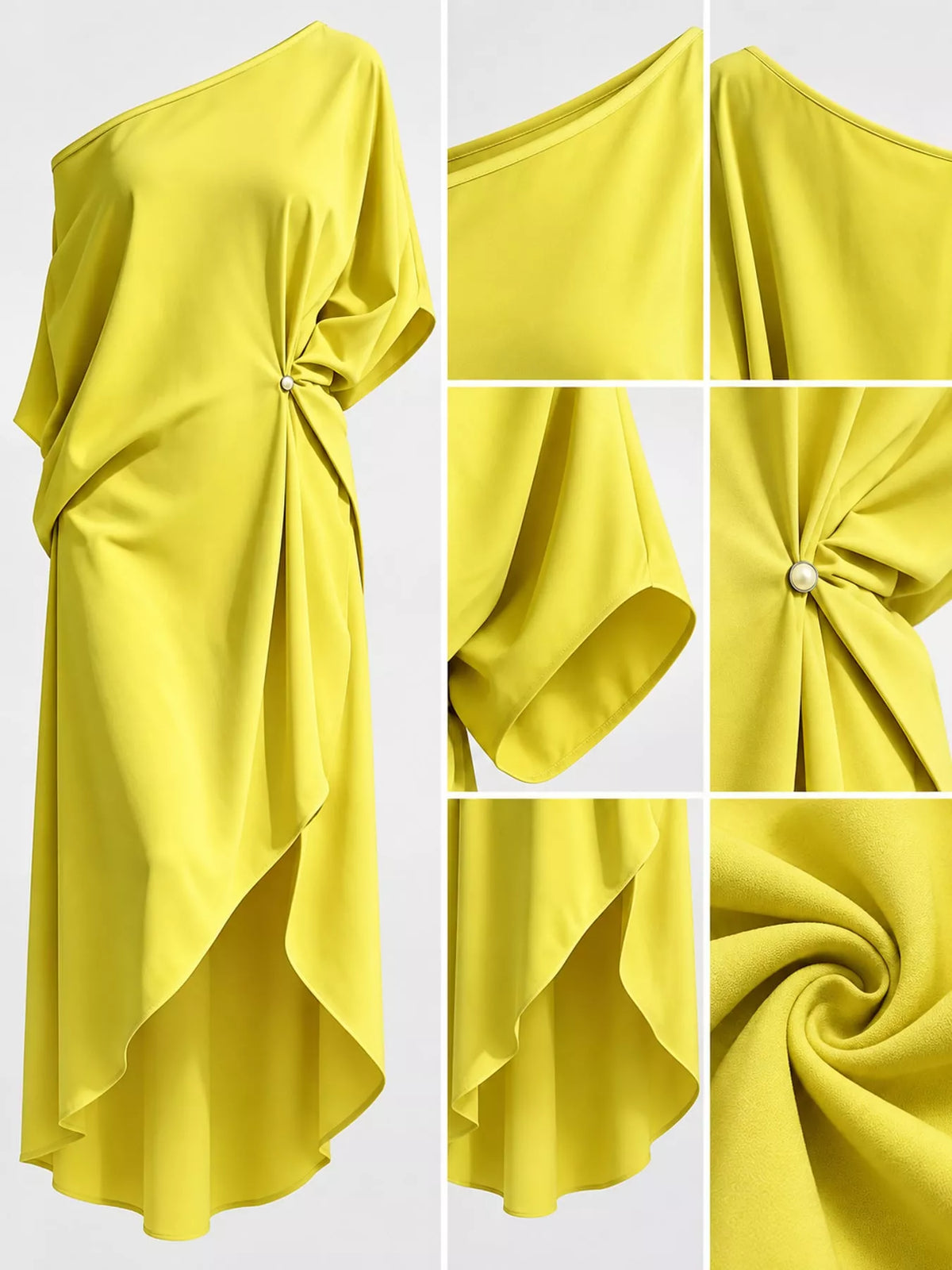 One-shoulder dress, yellow detail collage