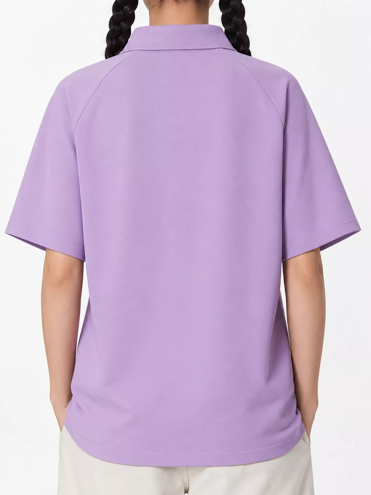 Lavender short sleeve polo t-shirt, back view