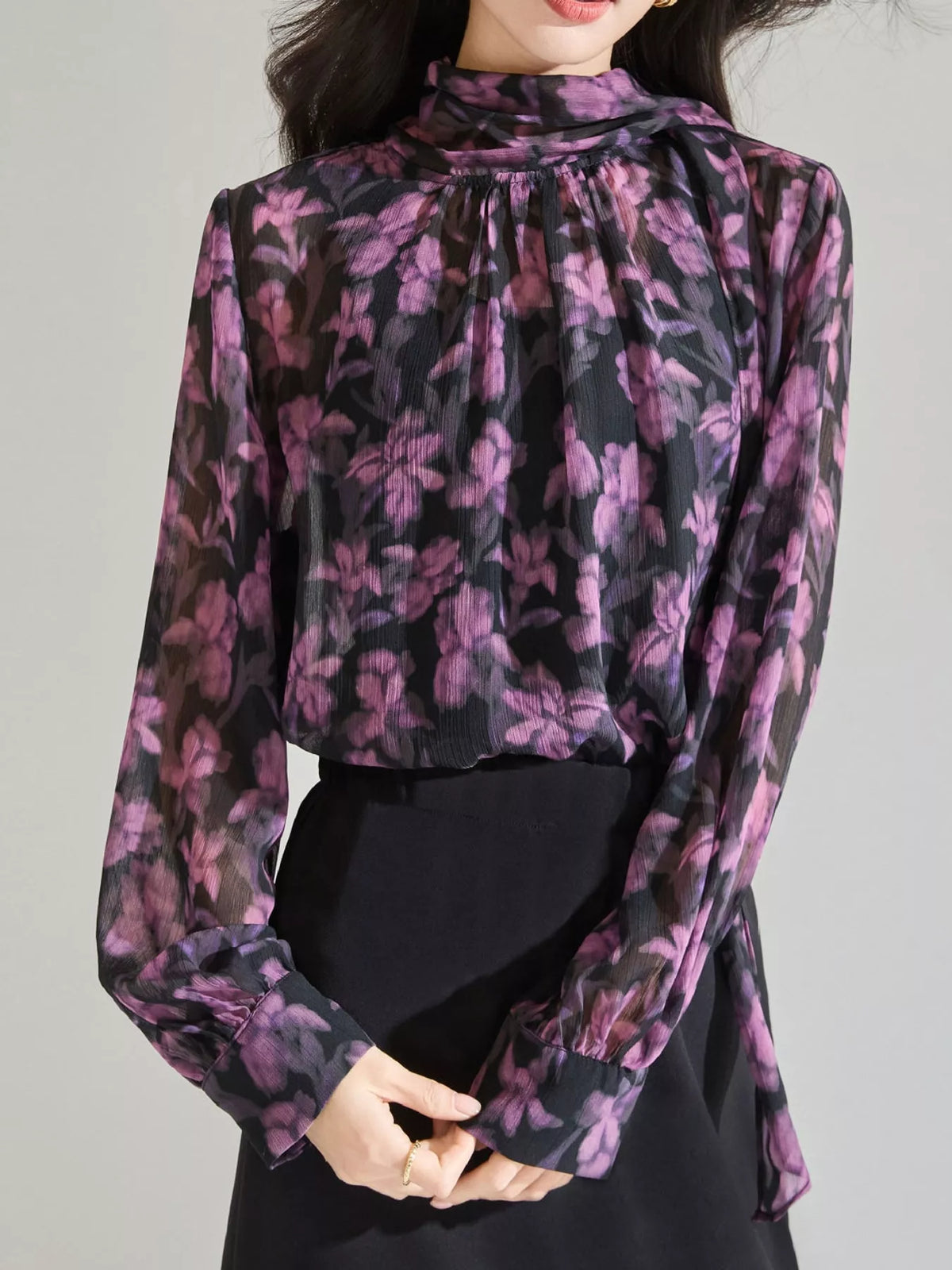 Floral Print Chiffon Blouse with Tie-Neck Detail in purple