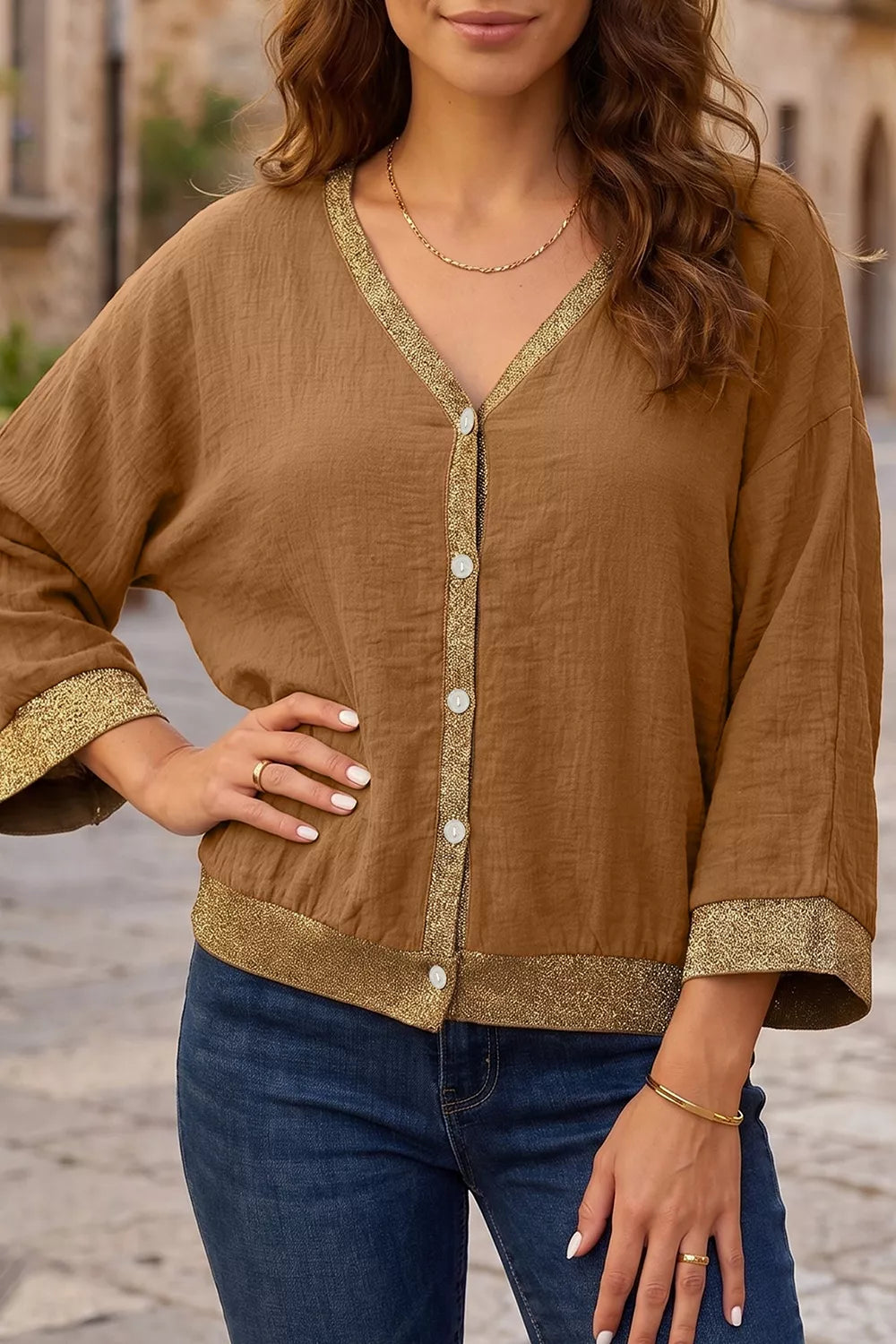 Trendsi V-Neck Button Up Shirt -
