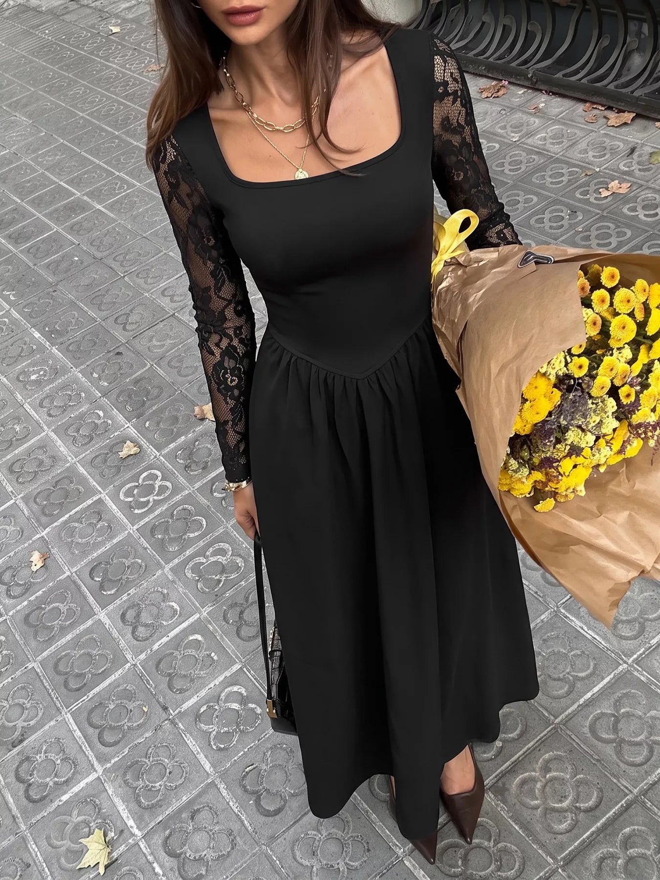 Trendsi Square Neck Sheer Sleeve Maxi Dress -