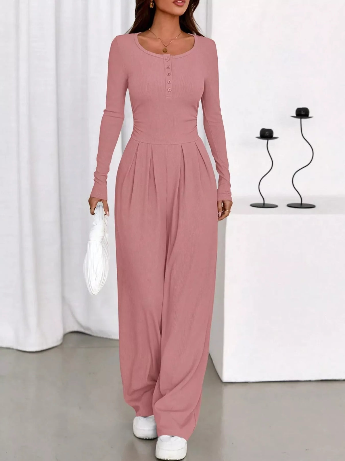 Long Sleeve Ribbed Knit Wide-Leg Jumpsuit — front view
