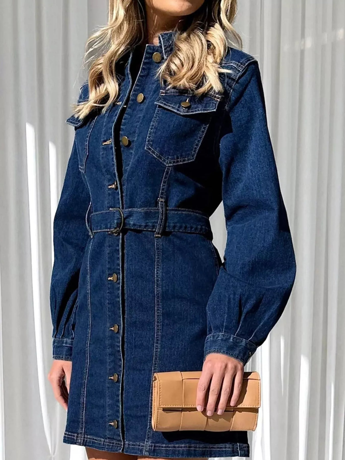 Button-Down Denim Dress with Belted Waist and Long Sleeves, front view