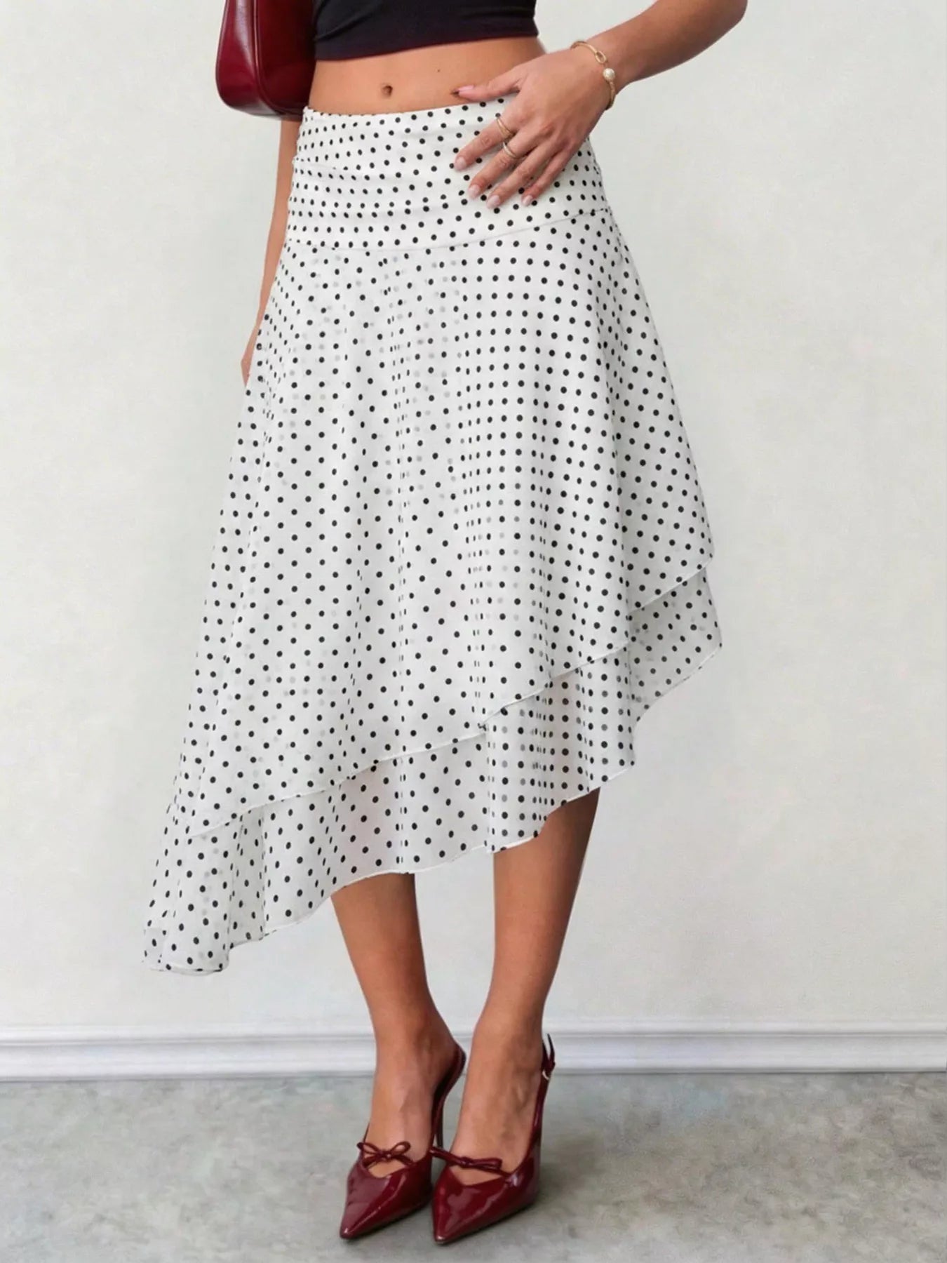 Trendsi Polka Dot Asymmetrical Hem Midi Skirt -
