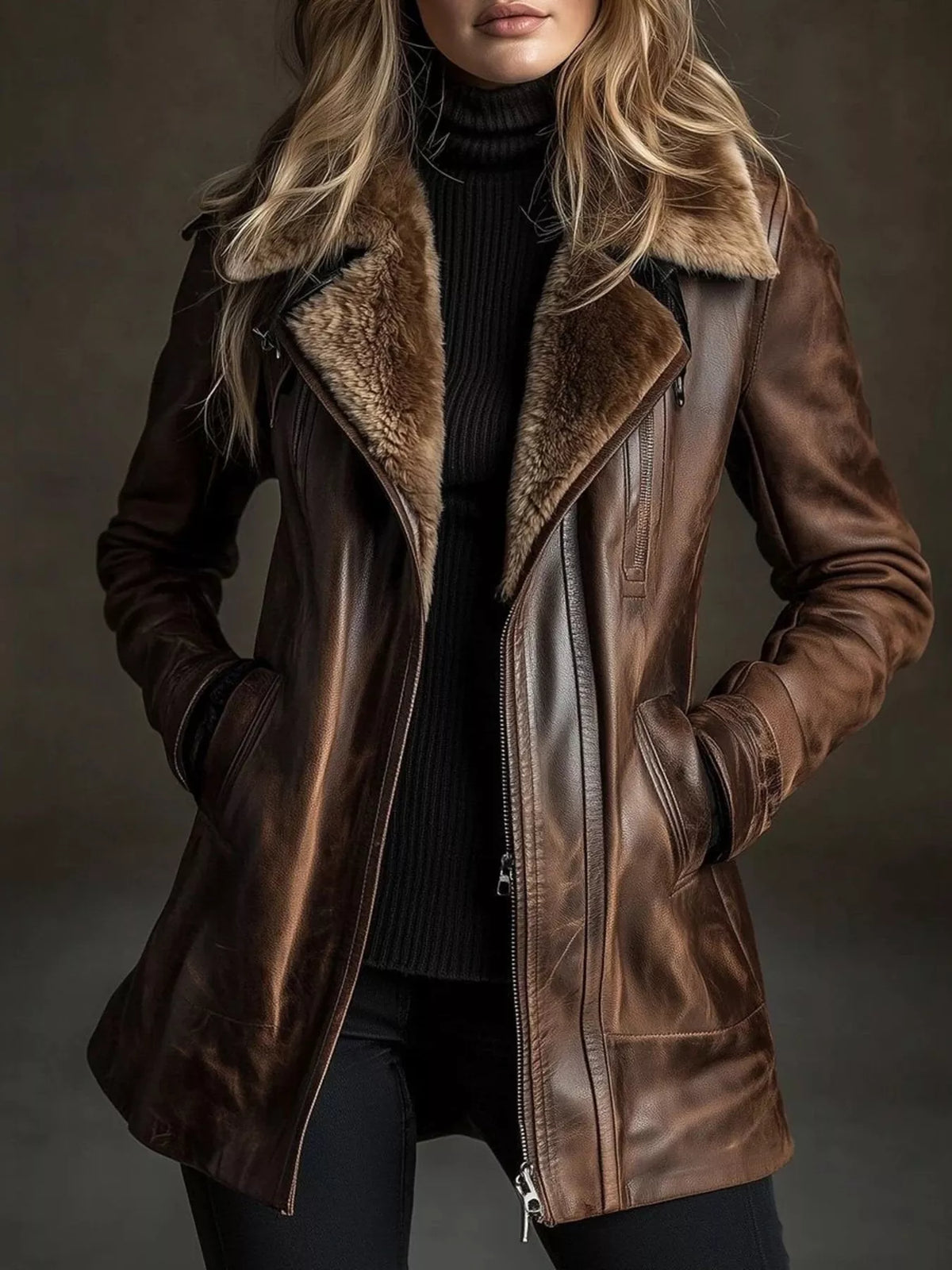 Brown vintage zip-up faux leather jacket