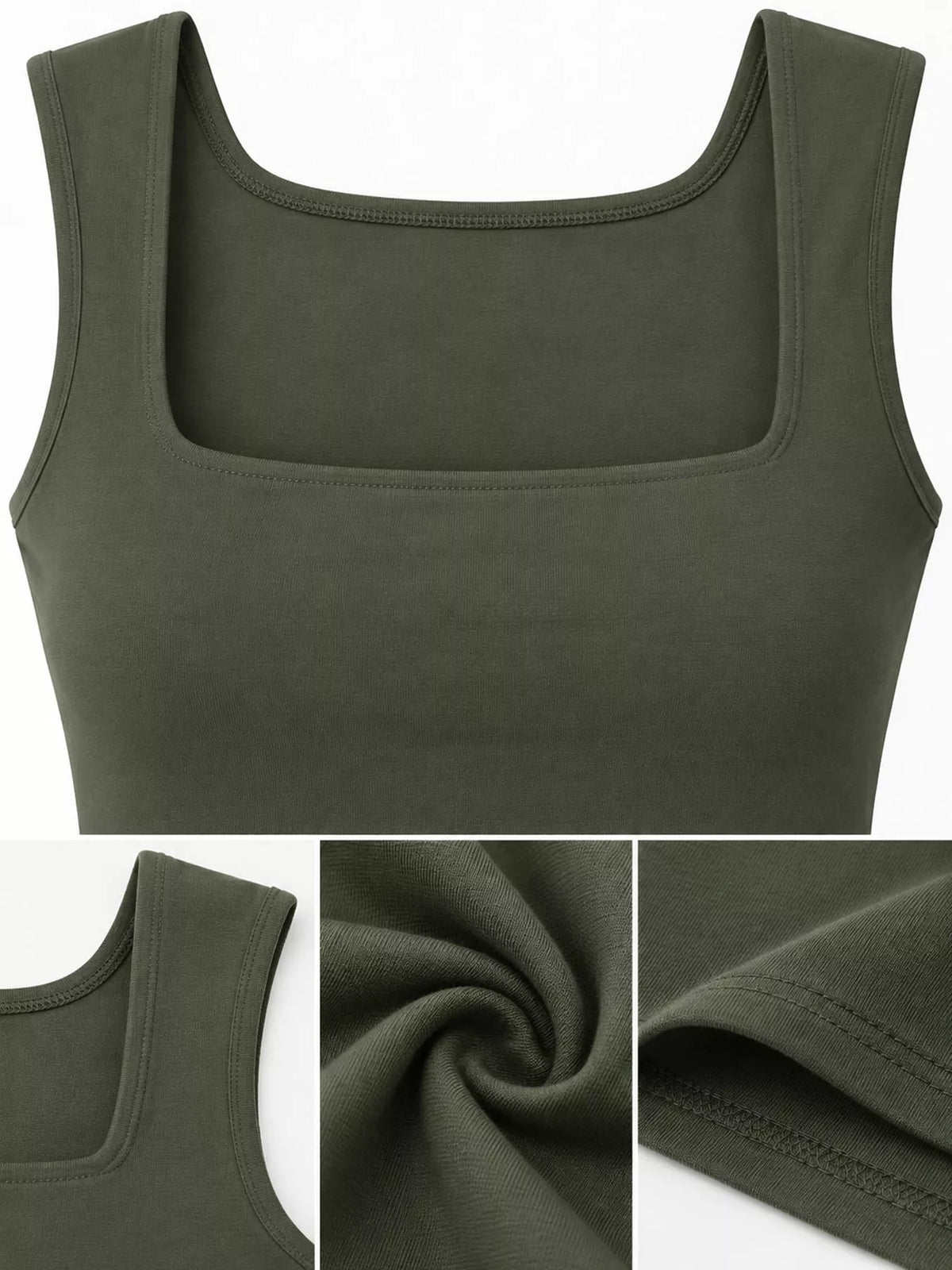 Olive green square-neck tank, fabric and neckline detail collage