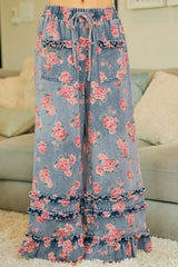 Trendsi BiBi Washed Floral Denim With Ruffle Elastic Wide Pants - Pants