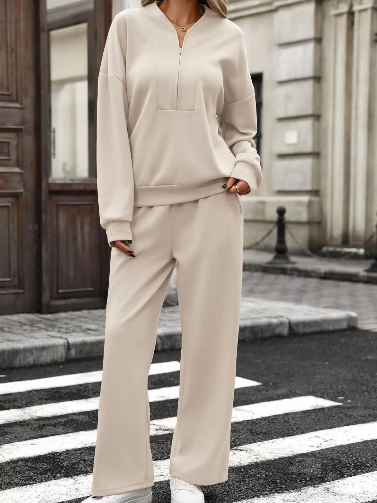 Trendsi Half Zip Sweatshirt and Wide-Leg Pants Set -