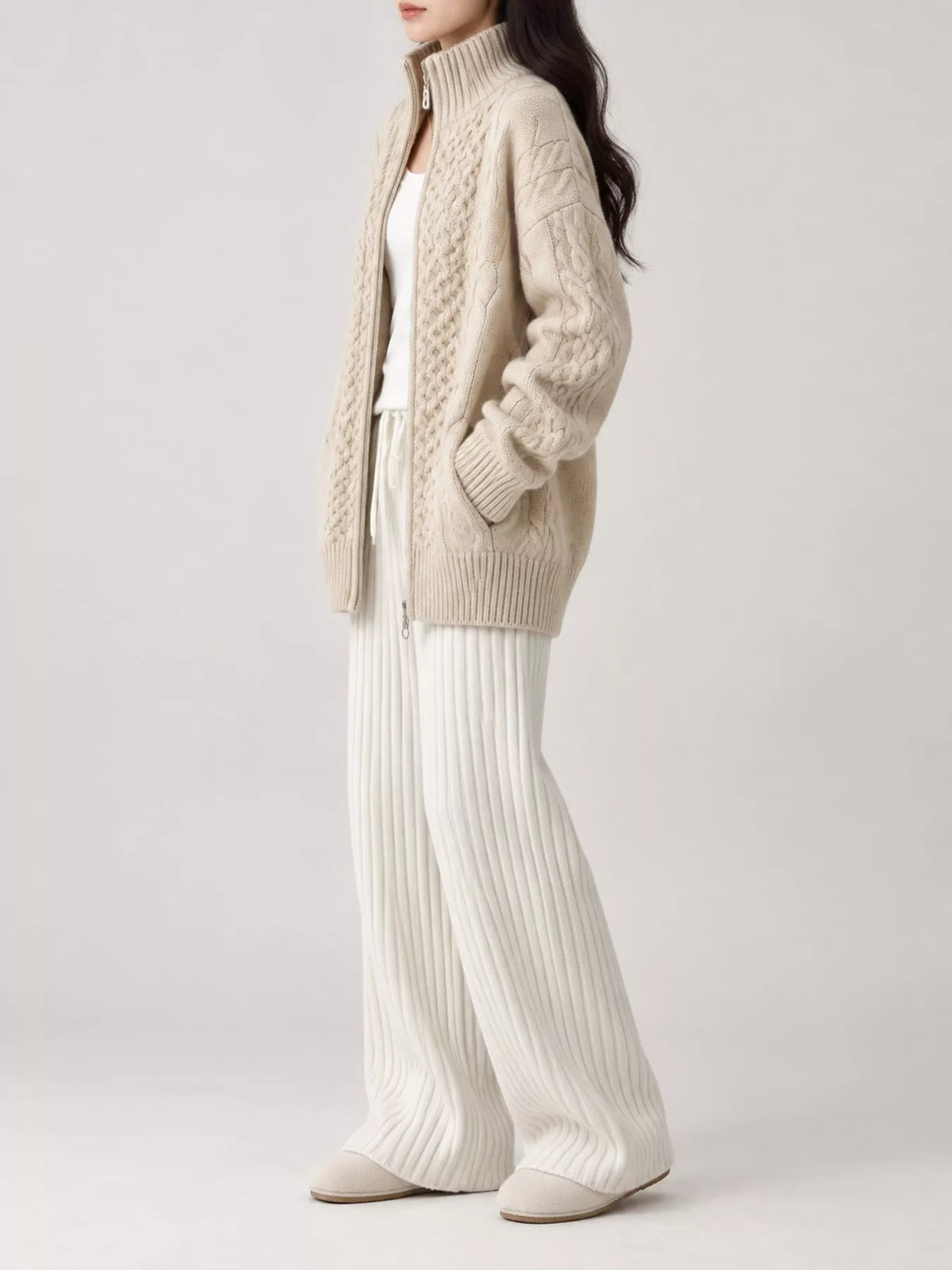 Cable-knit cardigan, beige full side