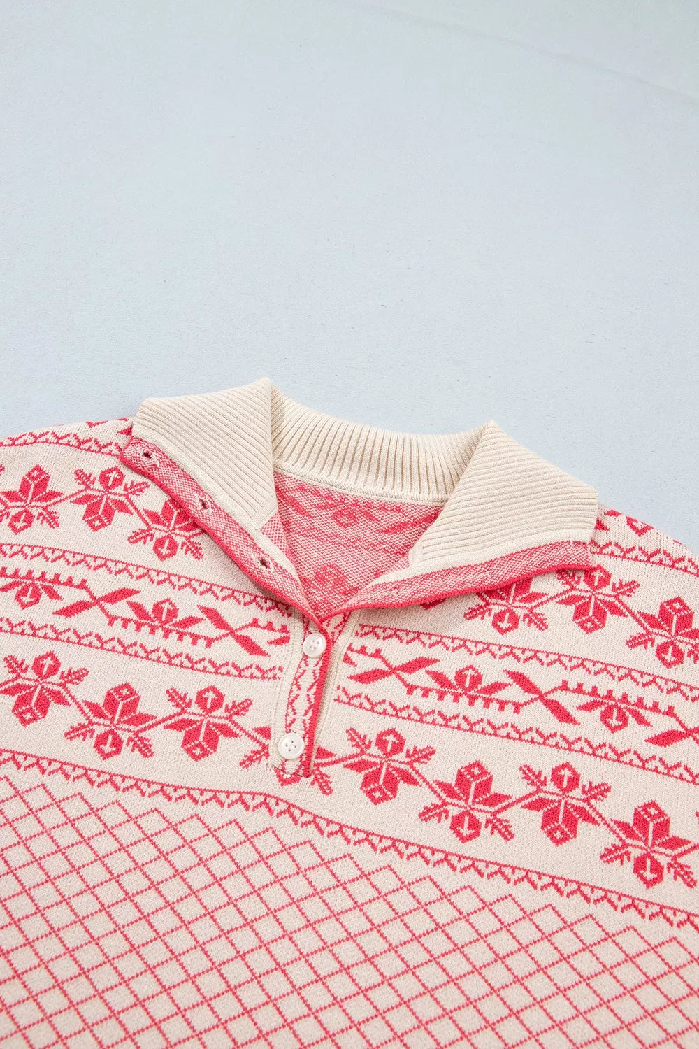Pale Blush Fair Isle Quarter-Button Mock Neck Sweater quarter-button collar detail