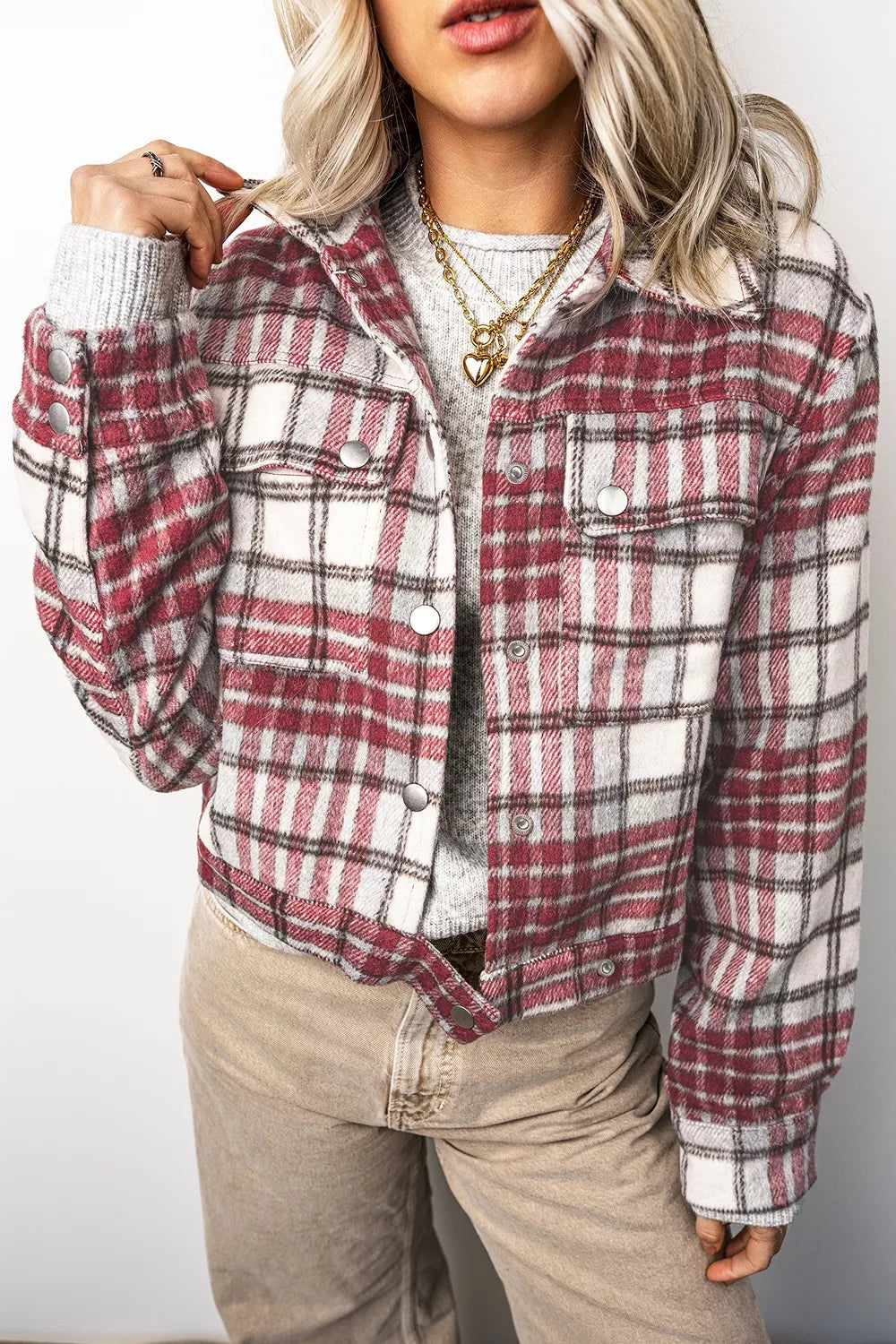 Plaid Button-Collar Long Sleeve Jacket, front view