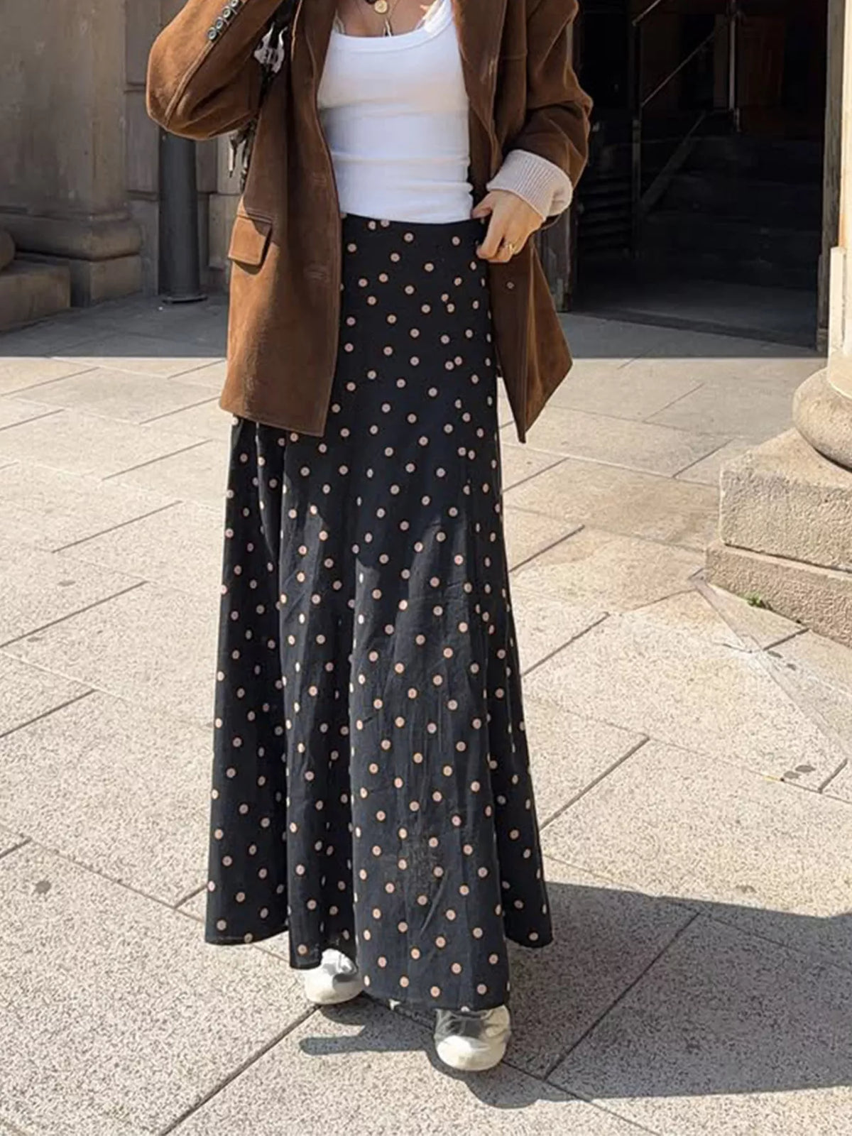 Polka Dot High-Waisted A-Line Skirt in black, front view
