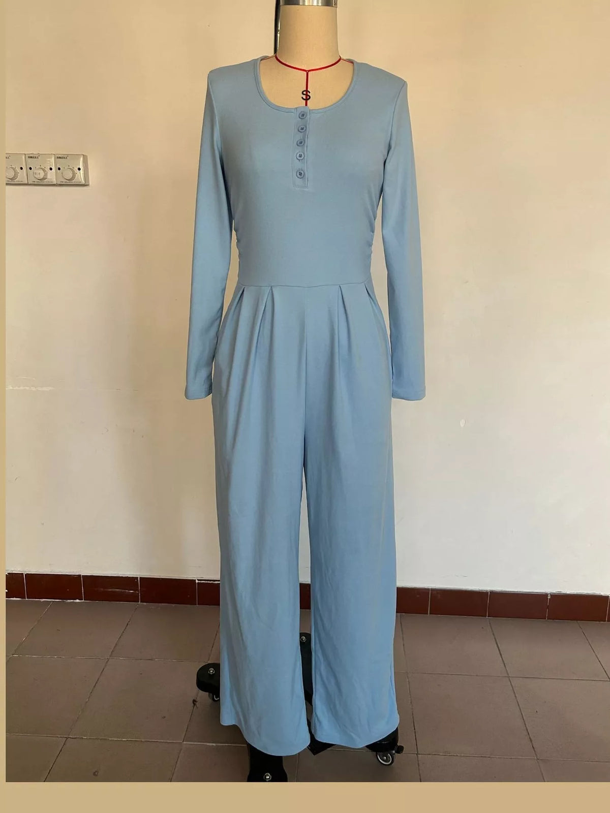 Long Sleeve Ribbed Knit Wide-Leg Jumpsuit — garment front