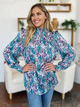 Trendsi Double Take Full Size Printed Smocked Long Sleeve Blouse -