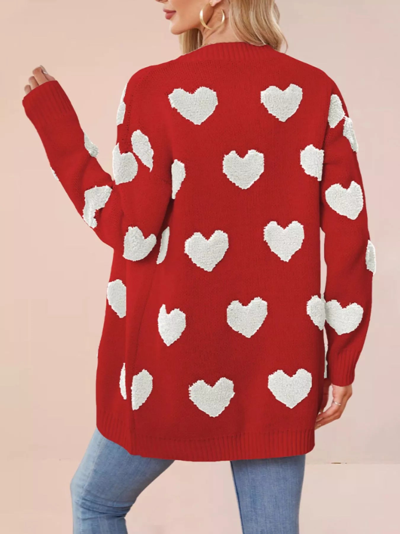 Trendsi Heart Pattern V-Neck Button-Down Knit Cardigan -