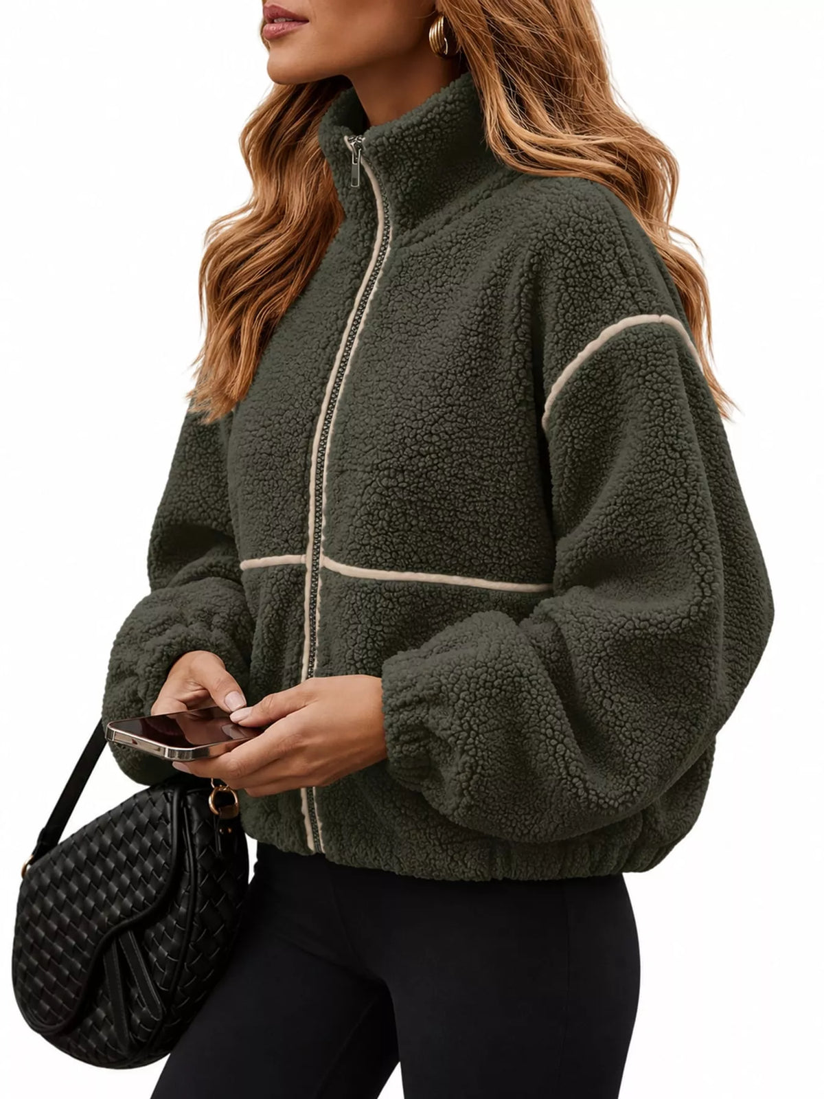 Stand Collar Sherpa Fleece Zip-Up Jacket — side view