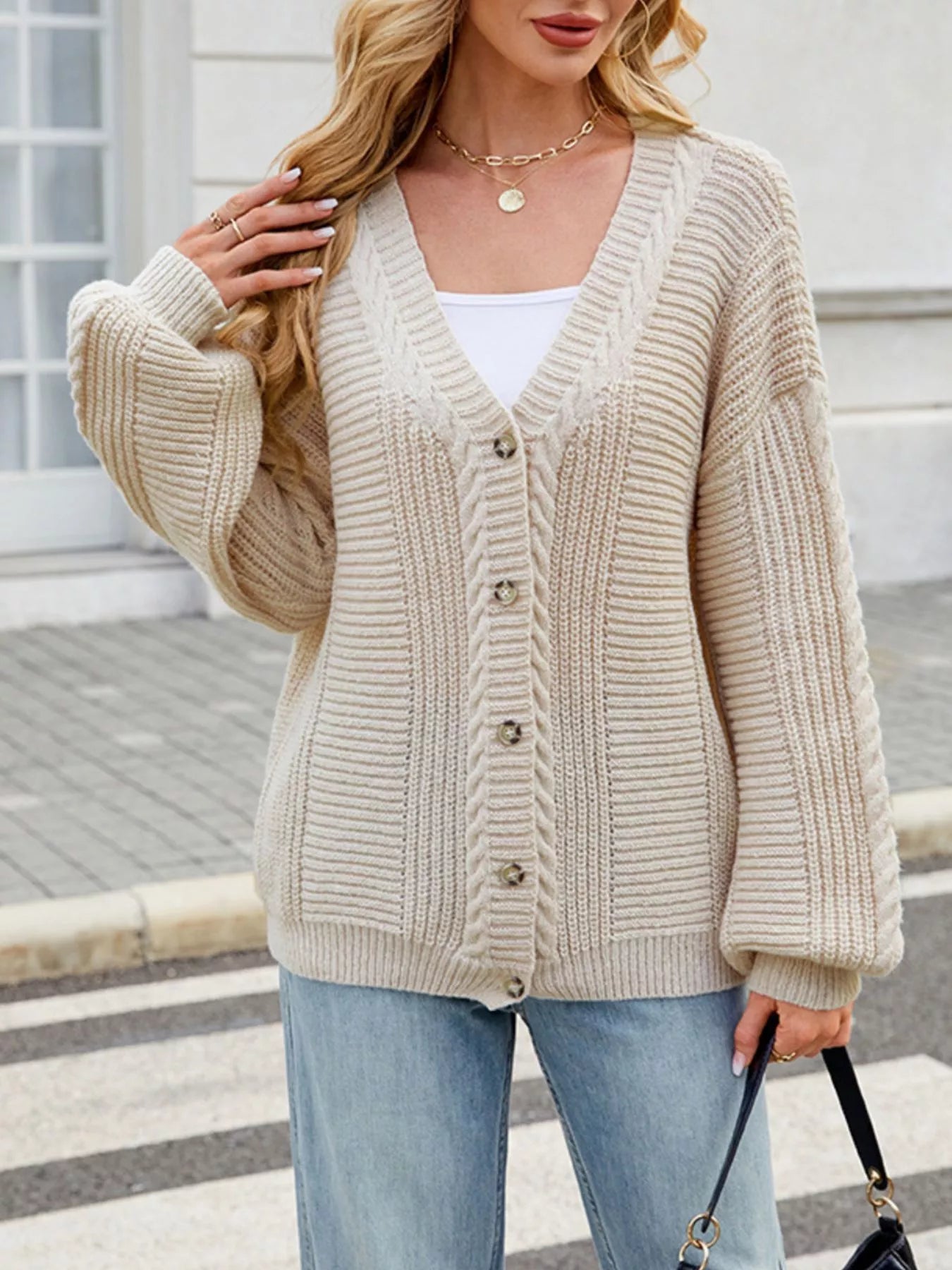 Trendsi Cable Knit Button-Up Cardigan -