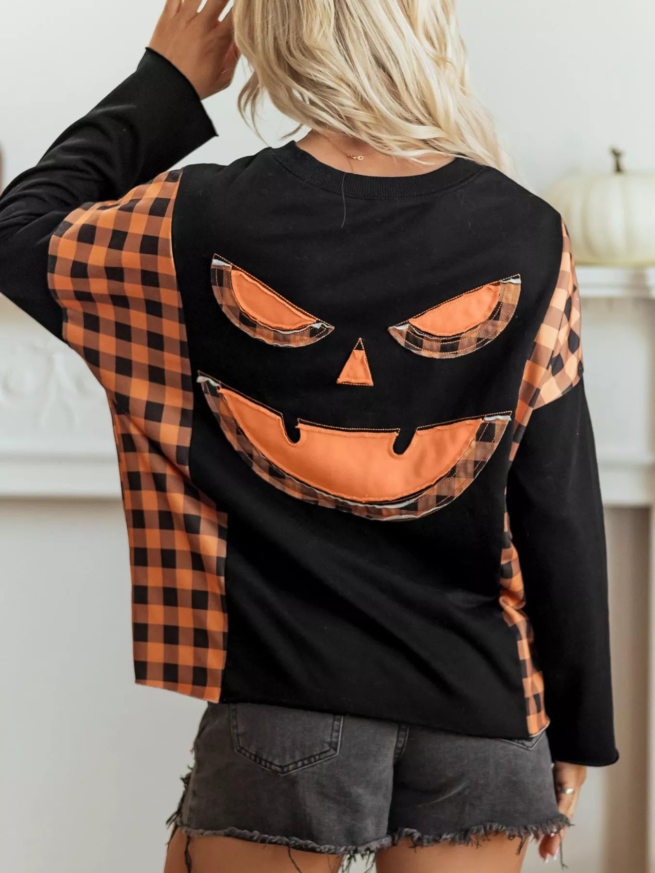 Trendsi Patchwork Plaid Pumpkin Face Long Sleeve Top -