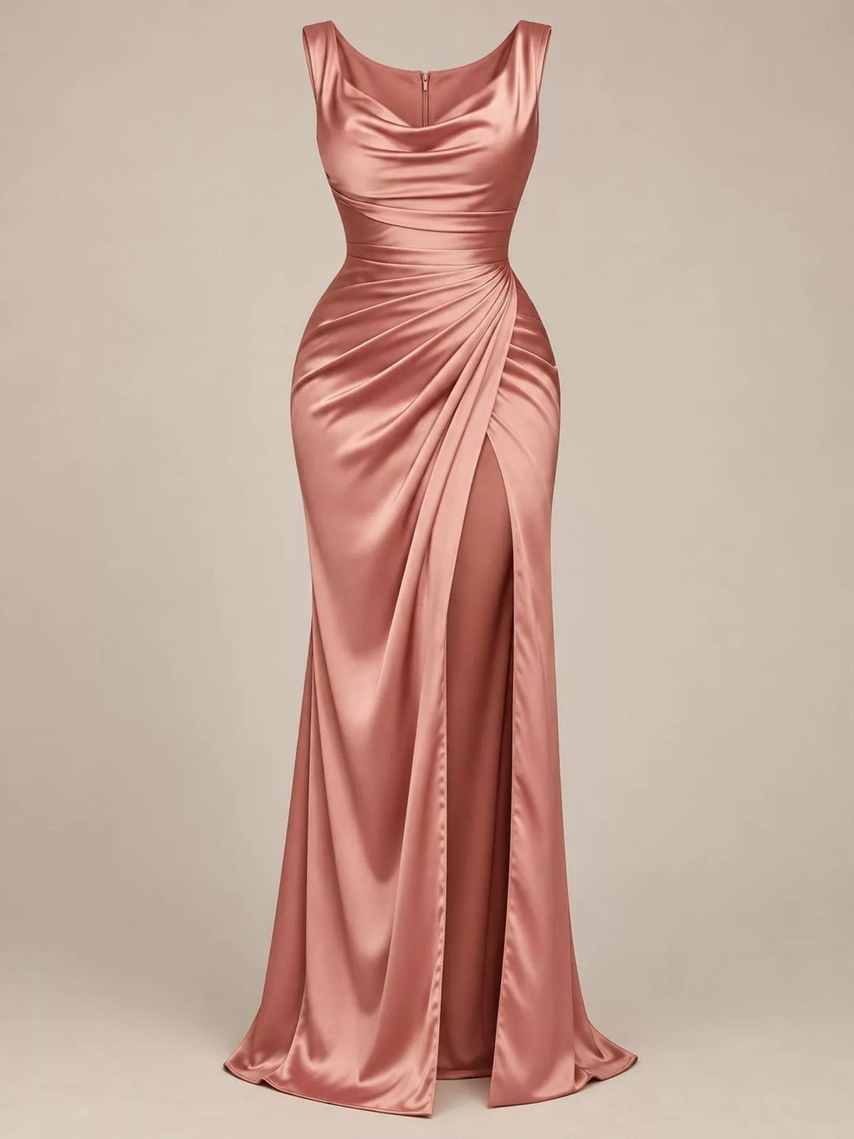Rose gold satin cowl neck high slit maxi dress, front view