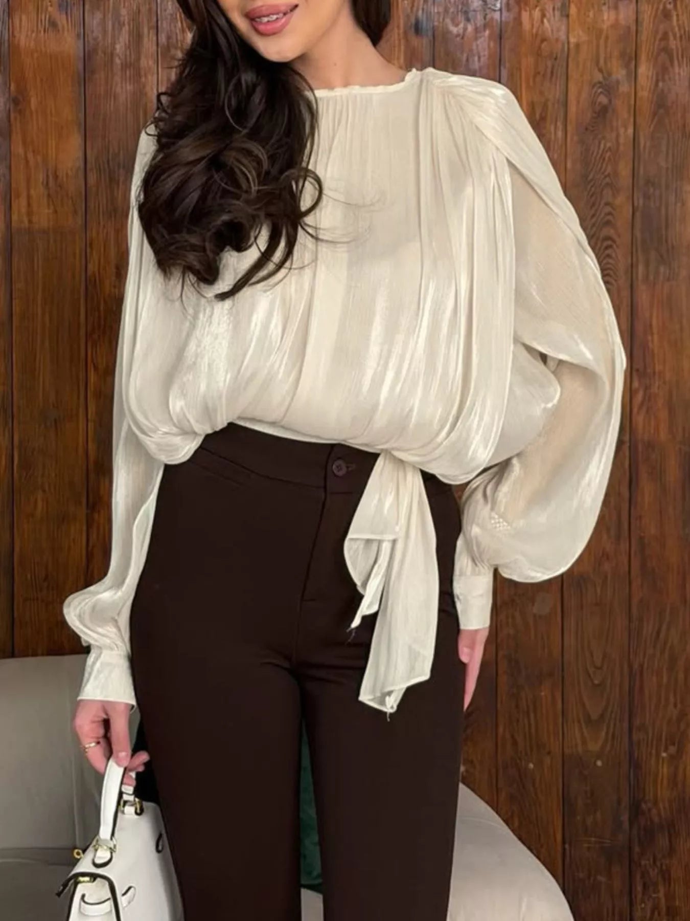 Trendsi Tie-Front Detail Long Sleeve Blosue -