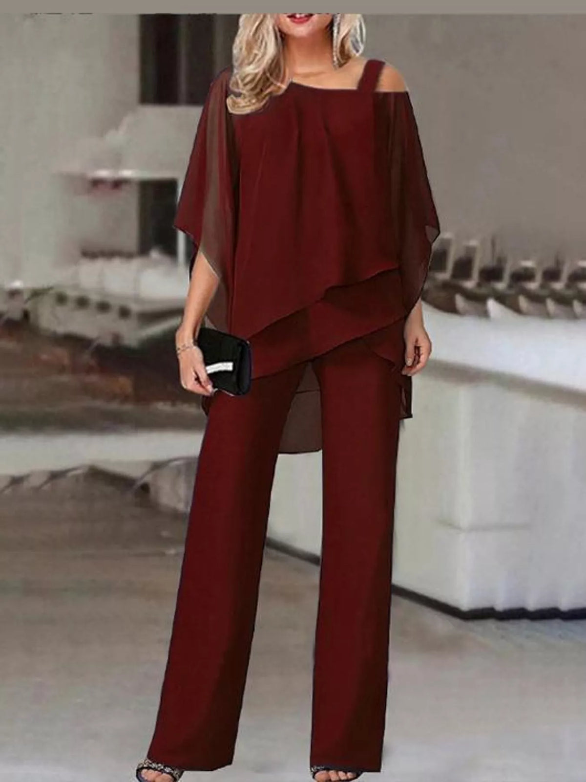 Cold-Shoulder Layered Top and Wide-Leg Pants Set — front view