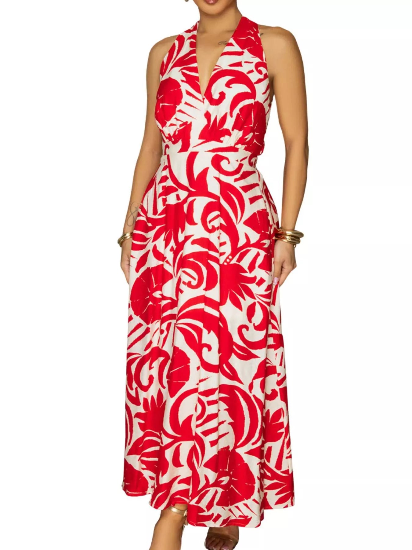 Trendsi Backless Printed Sleeveless Maxi Dress -